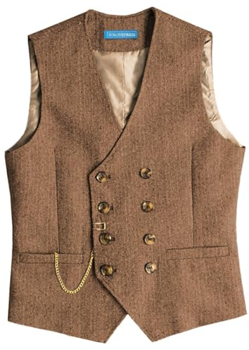 Solovedress Gilet da uomo vintage in tweed, doppiopetto, per matrimonio, Marrone, XXL