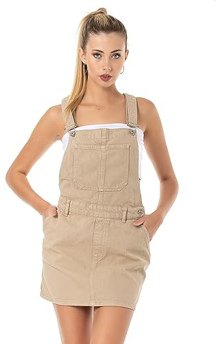 Red Bridge Dam jeanskjol kort kjol overall hängselbyxor, Beige, S