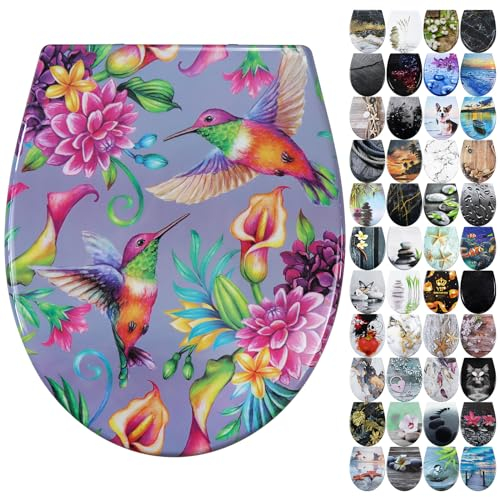Fanmitrk WC Sitz mit Absenkautomatik, Toilettendeckel Duroplast, Klodeckel mit Schnellverschluss, Klobrille Montage von oben, Toilettensitz mit Motiv (Vogelblume)