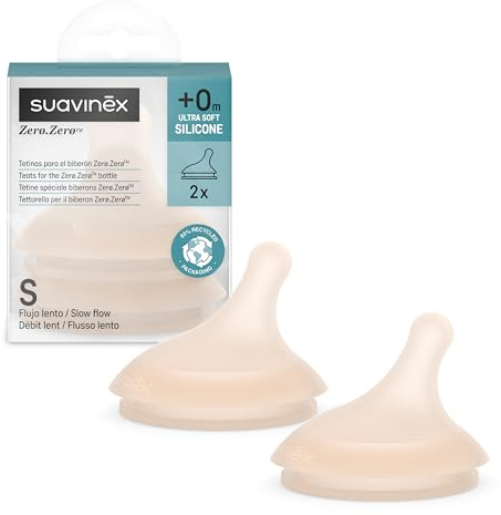 Suavinex, Set med 2 x Zero Zero Colic Flasknapp, långsam flödeshastighet (S), långsamt flöde, låg vätska, perfekt för första dagarna, Zero Zero Flasköpp, silikon, 0 M, ljus