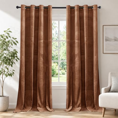Ystyle Sammetsgardiner om 2 Set, 140 X 225 cm, Gardiner Vardagsrum, Mörkläggningsgardiner, Termiska Gardiner Sammet, Värmeisolerande Gardiner, Gardin Med Öljetter för Vardagsrum Sovrum, Brun