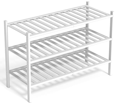 Scarpiera Ingresso - Scarpiera Salvaspazio - Portascarpe Legno Impilabile | BAM BOO BOX Scarpiera in Bambù a 3 Ripiani - Scarpiera Impilabile 68x28x46,5cm - Scaffale Portascarpe Ingresso (Bianco)