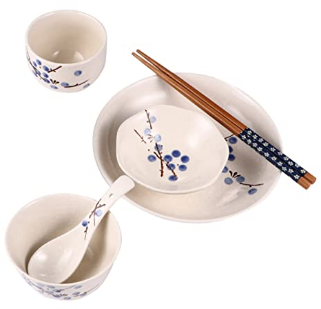 Alipis Servizio Stoviglie Giapponese in Ceramica Per Persona Con Motivo Fiore Di Prugno Include Ciotola Piatti Tazza Cucchiaio e Bacchette Facile Da Pulire Per Uso Domestico