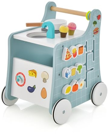 GOPLUS 6-i-1 gåhjälpmedel av trä, gåvagn med lekkök, formjustering, rörlig skjutreglage och läroklocka, ergonomisk babywalker med hjul för barn från 12 månader (blå)