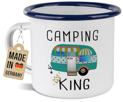 Tassendruck Emaille-Tasse mit Spruch - Camping King - Geschenk für Camper, Campingtasse, Outdoortasse, Geburtstagsgeschenk Mann, 300ml, Rand Blau