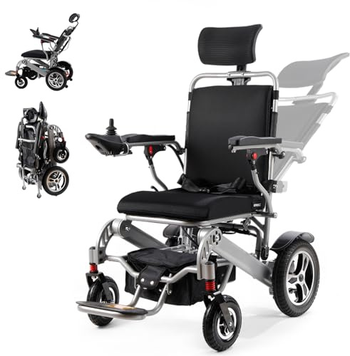 Reclining Electric Wheelchair for Adults Foldable Power Motorized Wheelchair Reclining Backrest All Terrain Electric Wheelchair for Seniors Portable Airline Approved Sliver
