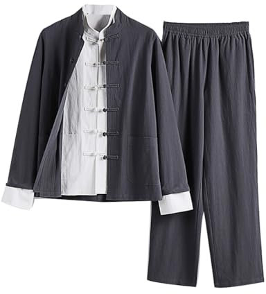 OLSKFUH Lockere Kung-Fu-Uniformkleidung - Herren-Tang-Anzug, Hanfu, Traditionelle Chinesische Kleidung, Kampfsportanzug, 4XL, Schwarz,Grey-Large
