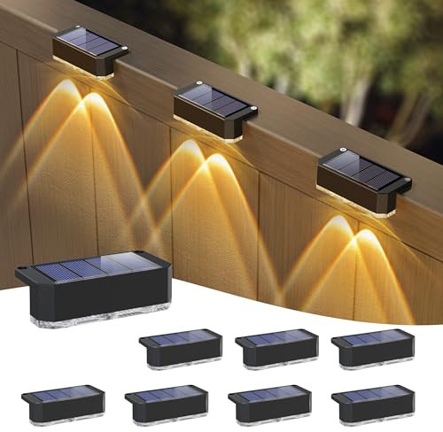 Peasur 8 Pack Solar Fence Lights Outdoor Garden, Solar Powered Step Light, Waterproof LED Deck Lights for Stairs Railing Yard Outside (Warm White)