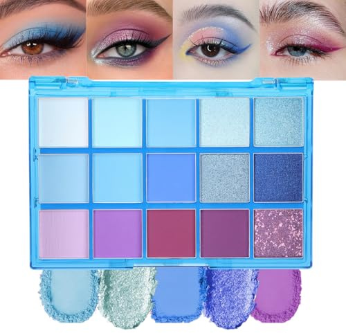 Teekerwang 15 Colors Green Matte Eyeshadow Blue Purple Eyeshadow Palette, Highly Pigmented Shimmer Metallic Eye Shadow Pallets, Long-lasting Waterproof Make up Pallet for Women (Blue.)