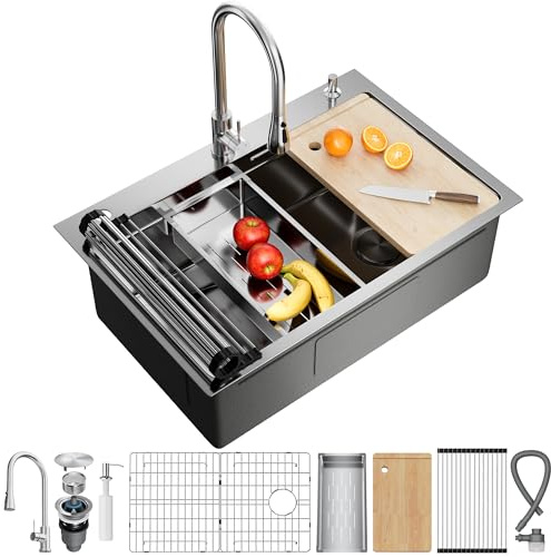 CAMMOO 33X22 Drop In Kitchen Sink, 304 Stainless Steel Workstation Sink, Pop-Up Drain, Upgraded Fast Drain & Anti-Clog, Topmount Single Bowl with Accessories, Foldable Grid for Easy Clean