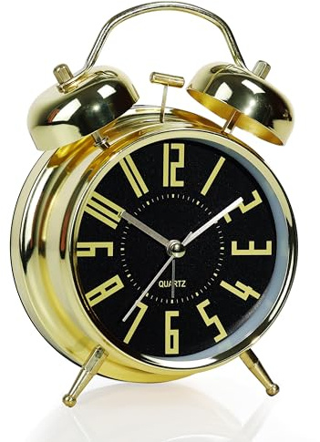 AYRELY® Loud Twin Bell Alarm Clock for Heavy Sleepers, 4-Inch Retro Desk Clock with Gold Frame, Silent Analogue Movement & Night Light, Ideal for Bedside or Bedroom