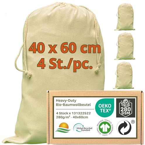 WIESEN.design Saco de juguete – 280 g/m² con certificado Öko-Tex de algodón resistente para aplicaciones profesionales duraderas, 40 x 60 cm, 4 unidades, bolsas de regalo con cordón, bolsa para