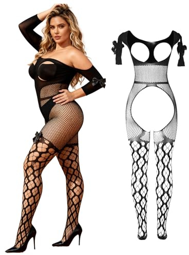 comeondear Lencería Sexy Mujer de Rejilla Talla Grande Body de Malla para Mujer Bodystocking de Red Sin Entrepierna Elástica Ropa Interior Transparente Lenceria Sexy Lingerie for Women Negro-D,L-XXL