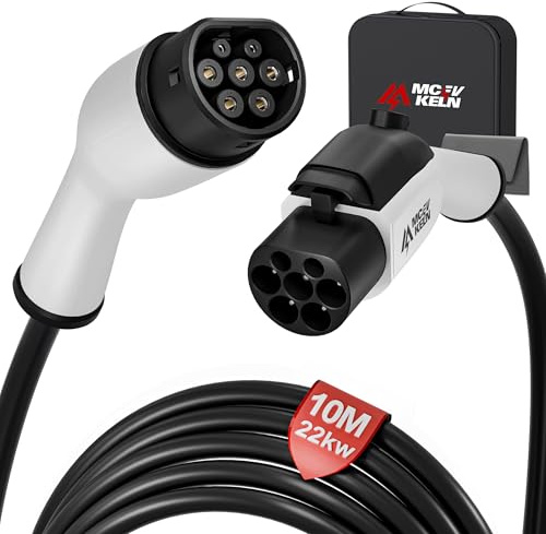 MCEVKELN Förlängning för laddningskabel, elfordon typ 2, 22 kW | 32 A 3-fas | 10 m förlängningskabel med lås för hybrid och elbil IEC62196-2, laddförlängningskabel typ 2, vit kontakt