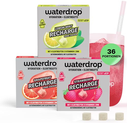 waterdrop® Electrolitos sin azúcar para deporte y recuperación, con magnesio, sales minerales y Vitaminas como vitamina C – 36 cubos para agua o agua con gas, para running, ejercicio y viajes