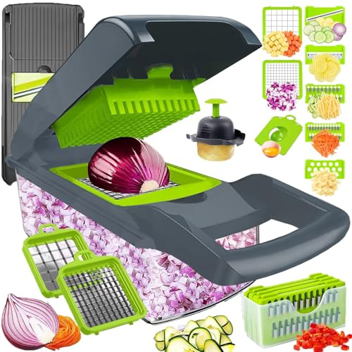 Mandolina per Verdure Professionale Manuale, Tagliaverdure Spinta Multifunzione Trituratore e Affettatrice, Mandolino Affetta Taglia Grattugia Trita Zucchine Cipolla Patate Julienne Chopper Cubetti