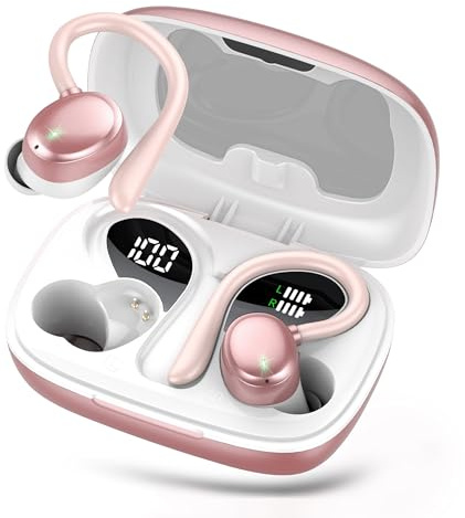 Cuffie Bluetooth Sport, Cuffie senza fili Bluetooth 5.3 con microfono HD, cuffie in-ear con 4 ENC Clear Mic, 72 ore, cuffie senza fili con bassi profondi, IPX7, impermeabili, con gancio, rosa