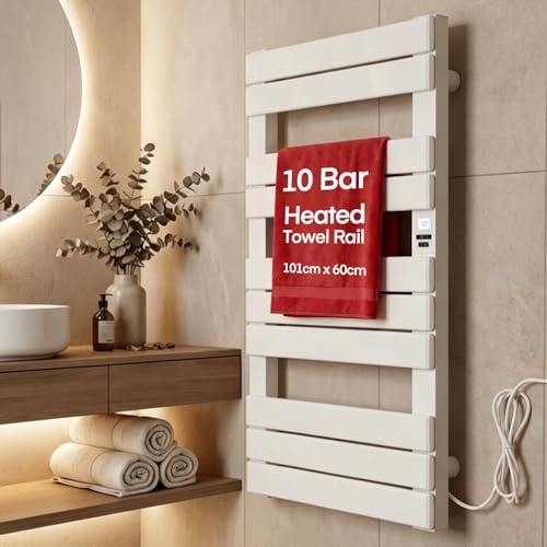 Bathroom Flat Panel Heated Towel Rail Radiator 1010x600mm Wall Mounted Ladder Rail Aviation aluminum, with 6 Preset Modes, 7-Day Programmable Timer, Multi-Level Temp Adjust White