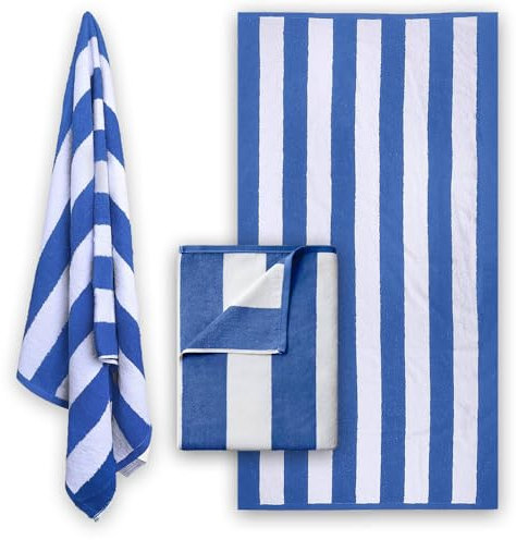 Sunshine Comforts 3 Pack Blue & White Stripe Beach Towel (70 x 150cm) - Soft Egyptian Cotton, Sand Resistant & Quick Drying for Adults, Extra Large Pool Towels