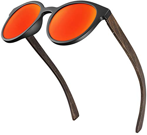 Balinco Gafas de sol Bamboo con lentes redondas polarizadas - en práctico estuche de regalo incluido - con protección UV400 y lentes TAC - adecuadas para hombres y mujeres (espejadas en rojo)
