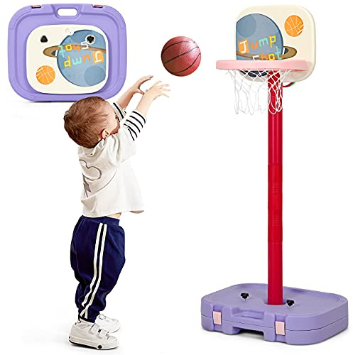 Costzon Kids Basketball Hoop, 2 in 1 Toddler Basketball Hoop Toy Set with Ring Toss & Storage Box for Boys Girls Baby, Portable Basketball Hoop Stand with Adjustable Height for Indoor Outdoor