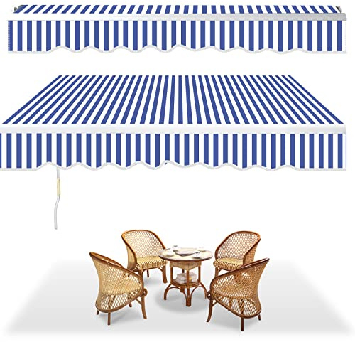 Tubiaz Tenda da sole con braccio snodato, 350x300cm Tenda da sole per Terrazze, Angolazione Regolabile, Meccanismo Manuale, Tenda da Sole Avvolgibile Anti-UV Impermeabile, Blu e Bianco