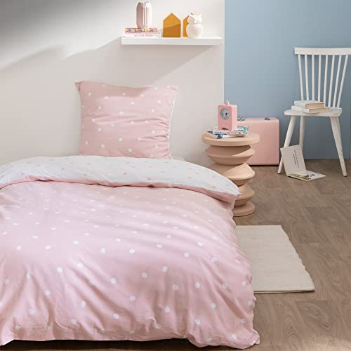 MATT & ROSE | Parure de Lit Enfant | Imprimé réversible Fille Pink Spots Rose | 1 Housse de Couette 140x200 cm + 1 taie d'oreiller 63x63 cm | 100% Coton