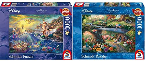 Schmidt Spiele 59479 Thomas Kinkade, Disney Kleine Meerjungfrau, Arielle, 1.000 Teile, Bunt, 693 x 493 mm & 59636 Thomas Kinkade, Disney, Alice im Wunderland, 1000 Teile Puzzle, Bunt