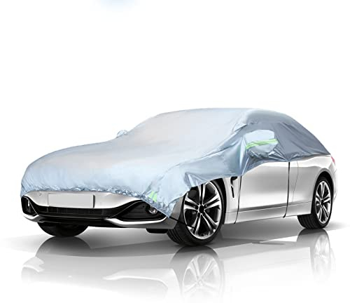 Hälfte Autoabdeckung Wasserdicht Atmungsaktiv, Halbgarage Abdeckung Autoplane für Regen Sonne Staub Schutz, PKW Abdeckplane UV-Beständige, Universal-Passform bis 490 cm (Limousine)