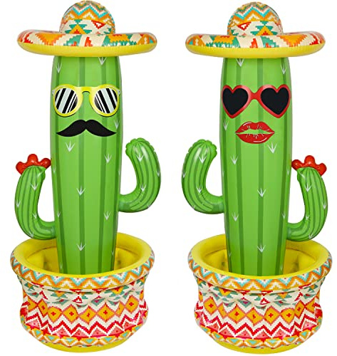 Triumpeek 2 Packs Inflatable Cactus Cooler, 55 Fiesta Cactus Ice Bucket Wearing Sombreros for Summer Swimming Pool Hawaiian Themed Party Supplies, Cinco de Mayo Inflatable Party Cooler Decor
