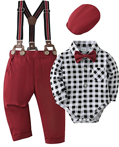 Conjuntos de Ropa para Bebés Niño, Niño Caballero Conjunto para Bautizo Fiesta Boda Camisa de Manga Larga con Pajarita+ Tirantes Pantalones Cuadros en blanco y negro, 0-3 meses