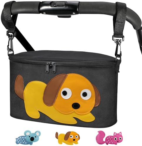 Bello it Borsa per Passeggino o Carrozzina, Borsa porta oggetti universale， Design animali colorati, Leggera e Capiente con ganci e tracolla inclusi Tema: (Cagnolino) colore : Nero