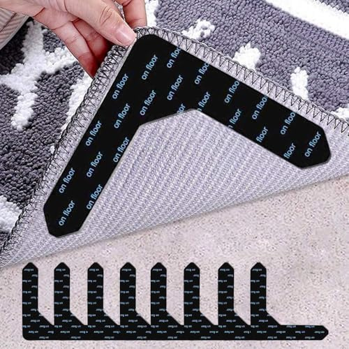 Sous Tapis Antidérapant, Frundoo 8 Pcs Anti Derapant Tapis, Réutilisable et Lavable Tapis Antidérapant, Anti Curling Carpet Grippers Coin, Rug Grippers pour Le Bois Stratifié Tuile Marbre Parquet Sols