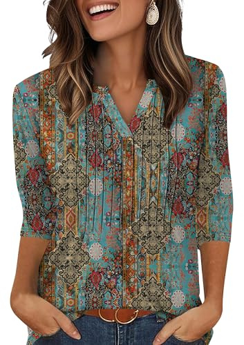 XIEERDUO Womens 3/4 Sleeve Tops Ladies Blouse V Neck Tunic Long Sleeve T Shirts Curved Hem Office