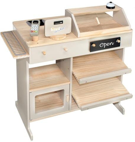 howa Kaufladen - Kaufmannsladen aus Holz, mit Spielkasse und Spielzeugkartenleser, Tafel für Kreide, Vitrine, Klingel, Holzspielzeug Natur / beige 47551