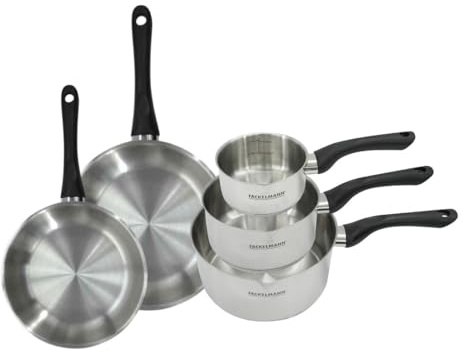 Fackelmann 9443750 Set 2 padelle 20 e 24 cm e 3 padelle 12 16 e 20 cm in acciaio inox 18/8, padella tutti i fuochi, padella a induzione, padella senza PFAS, pentola tutti i fuochi, acciaio