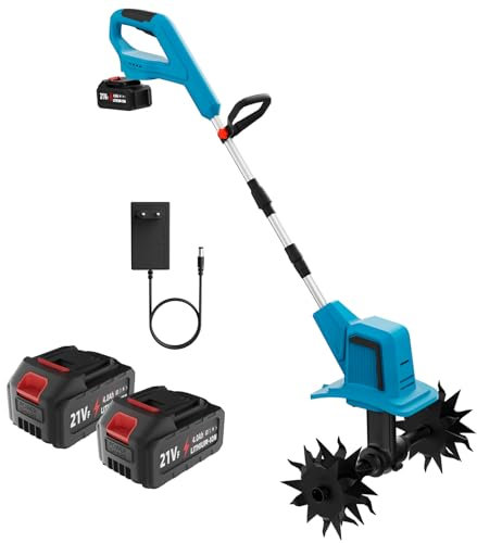 Motobineuse Electrique sans Fil, 21V Motobineuse Électrique avec 2 x 4.0Ah Batterie, 20cm Largeur de Travail, 15cm Profondeur de Travail, 500W, Interrupteur de Sécurité Double, pour Potager