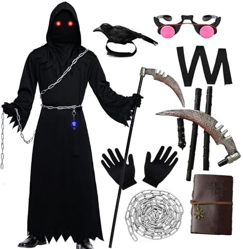 Celvibe Costume da Morte Halloween per Adulti Bambini Uomini, 8 Pezzi Set Costume Cosplay Mantello da Morte con Cappuccio (Nero-Adulto, XL)