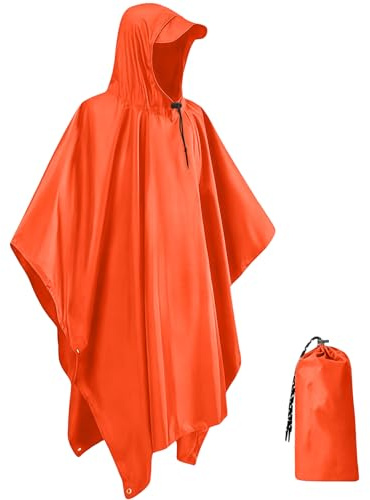 IBOPUXIU Poncho de Pluie, Poncho léger, réutilisable et Respirant avec Capuche, Cape de Pluie Multifonctionnelle 3 en 1 pour le Camping, la randonnée, le cyclisme et la pêche, unisexe （Orange）
