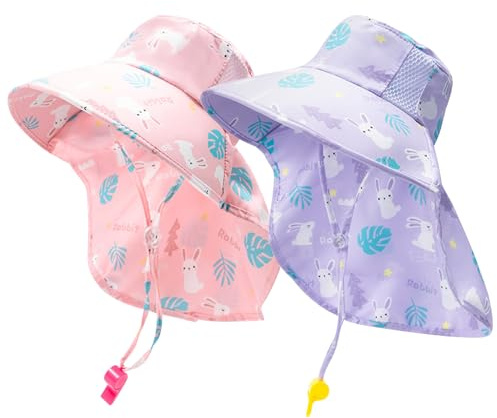 ZXTGBQ 2 Stück Baby Sommerhut Mädchen Sonnenhut Kinder mit Nackenschutz Strandhut Baby Atmungsaktiv und Bequem 2-6 Jahre (Lila, Rosa)