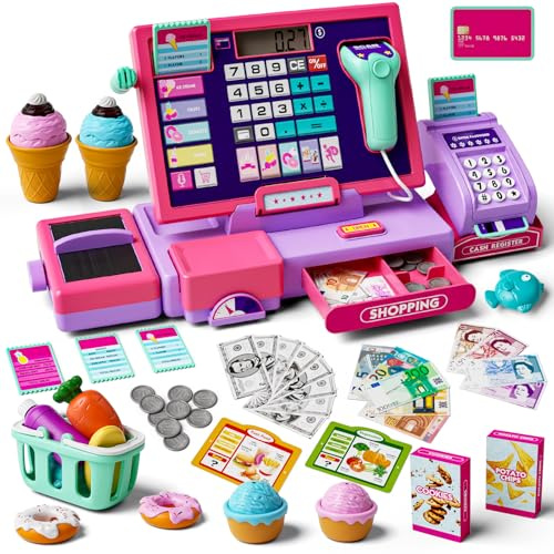 Set di cassa registratrice giocattolo con scanner e funzione musicale (Rosa Viola)