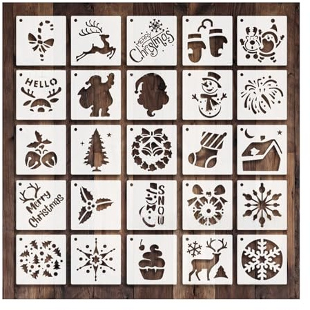 Juego de 24 Plantillas Navideñas, Plantillas de Plástico para Pintar y Manualidades, 7,5 cm Pequeño Plantilla de Copo de Nieve, Plantilla de Navidad Reutilizables para Ventana
