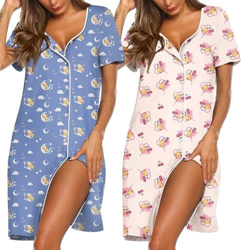 Ekouaer 2 Pack Nightgowns for Women Nightdress Button Down Nighties Short Sleeve Nightshirt Soft Sleepwear V Neck Pajama Dress