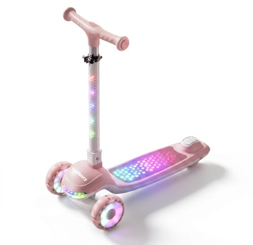 Lyefancy 3 Wheel Scooter for Kids Age 2-12, Children Folding Scooter with Led Light and Music, 4 Adjustable Height, Flashing PU Wheels, Lean to Steer, Flashing Body and Deck