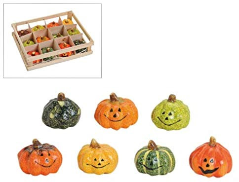 Halloween 12er Set in Kiste Deko-Kürbis „Kürbis mit Gesicht“ aus Ton 7-fach sortiert -orange/grün/gelb Ø5 x H5 cm