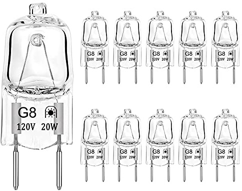 Lacnooe G8 Halogen Bulb 20W 120V Dimmable T4 JCD Type G8 Base Bi-Pin Xenon Bulb for Under Cabinet Puck Lights, Kitchen Hood, Landscape Lights, Warm White 2700K (10 Pack)