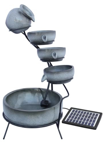 Kaskadenbrunnen 4-stufiger Wasserbrunnen Grau Solar-Wasserspiel mit überlaufenden Schalen Wasserbrunnen Solarbrunnen Gartenbrunnen solarbetrieben Springbrunnen Zierbrunnen