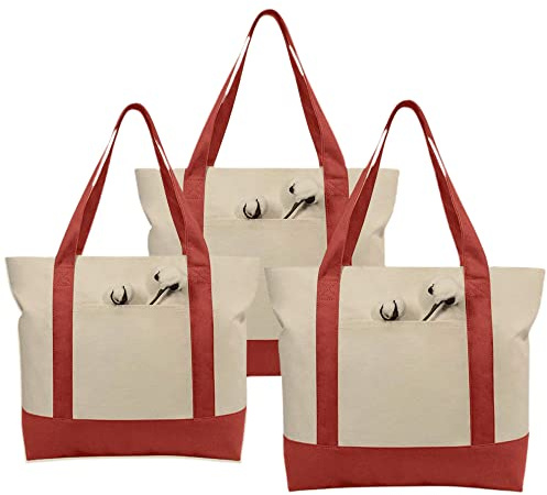 Simpli-Magic Stylish Canvas Tote Bag with an External Pocket, Top Zipper Closure, Daily Essentials, 3 Pack, 20 x 15 x 6, Red/Natural