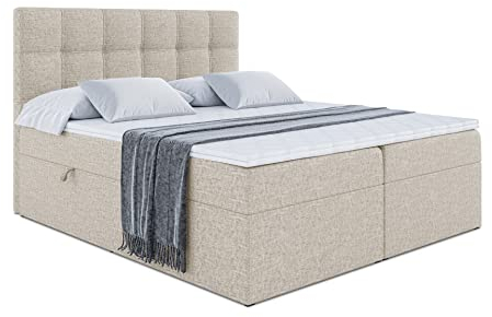 ALTDECOR Boxspringbett mit Matratze und Lattenrost, Boxbett, Topper, Polsterbett mit Bettkasten, Bett mit Stauraum H3-Matratze, Doppelbett, Springboxbett - Marce - 180x200 - Beige
