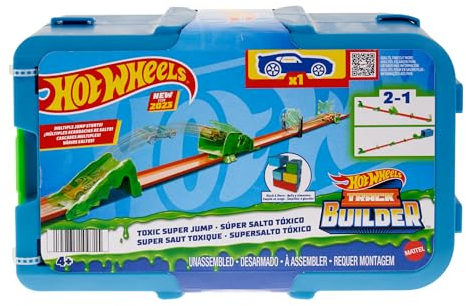 Hot Wheels Track Set Age 4+ with 1 Hot Wheels Car, Toxic-Themed Track Building Set with 10 Track Pieces to Create Jump Stunts, Comes in a Modular and Stackable Storage Box, HKX47